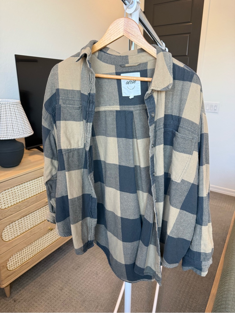 aerie Plaid Button-Down Shirt Jacket in Beige and Dark Gray